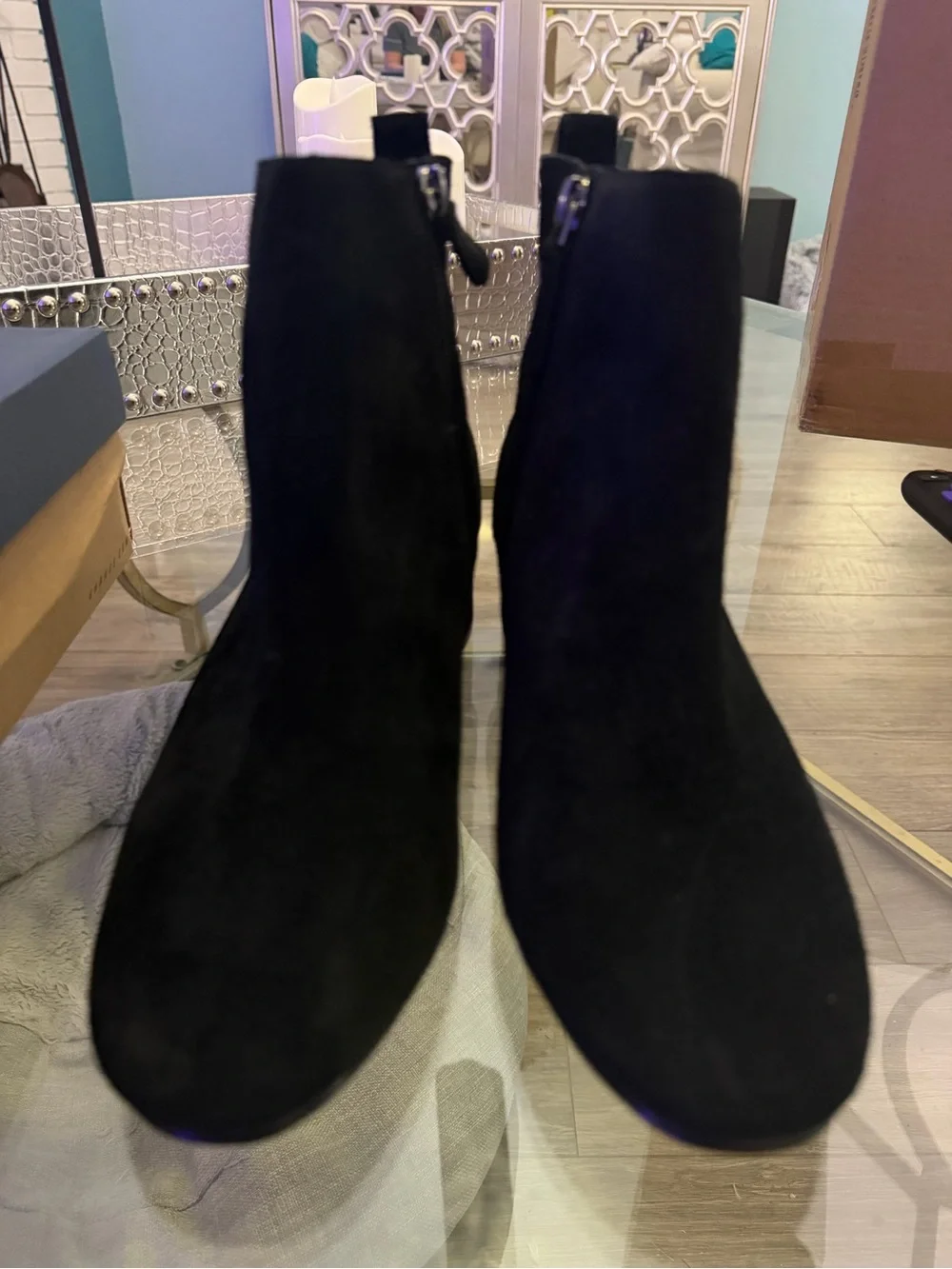 Bass Black Suede Ankle Booties with Low Block Heel